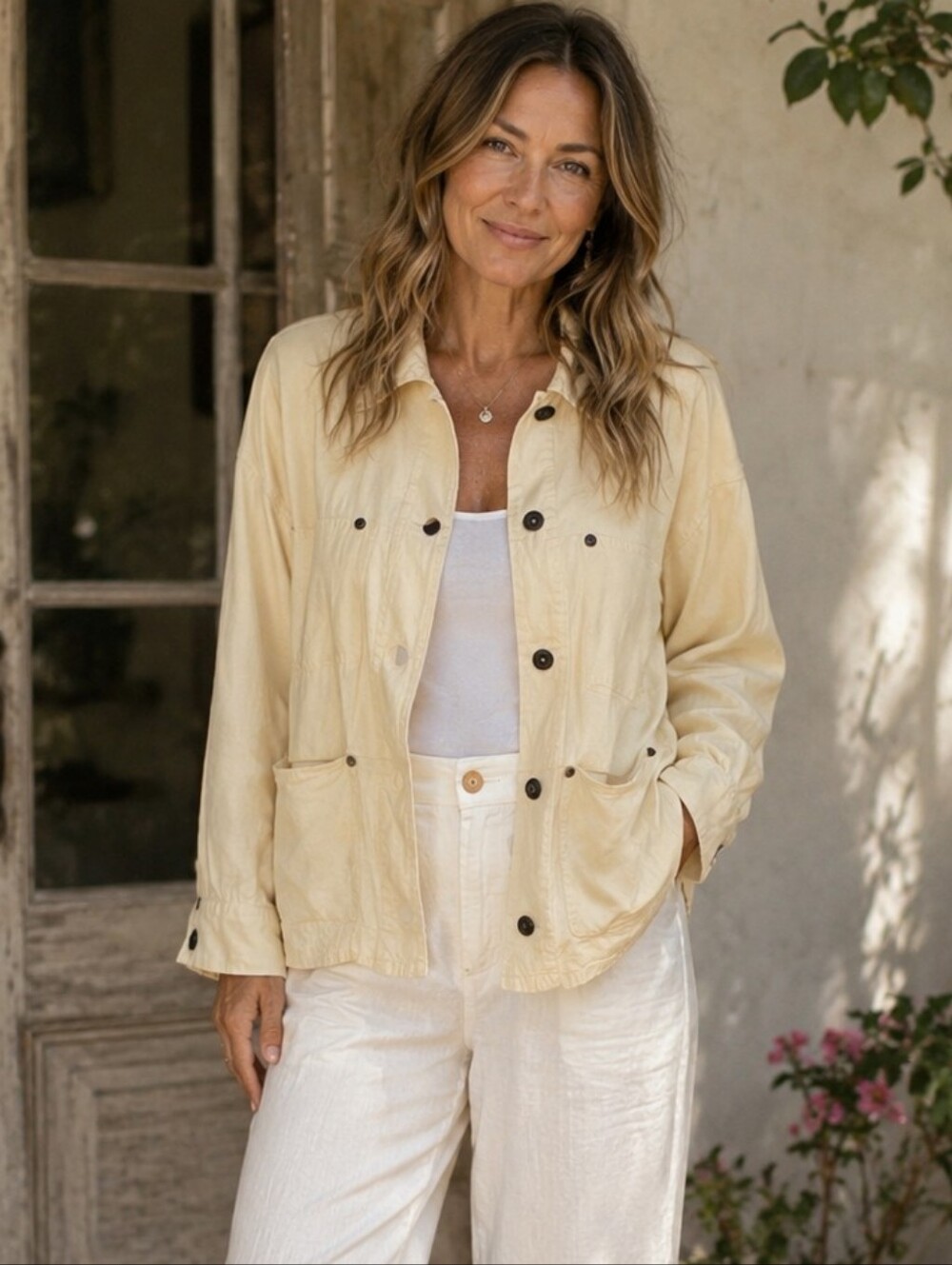Chico's Design Linen Blend Lightweight Jacket Butter Yellow Cream Soft Utility M